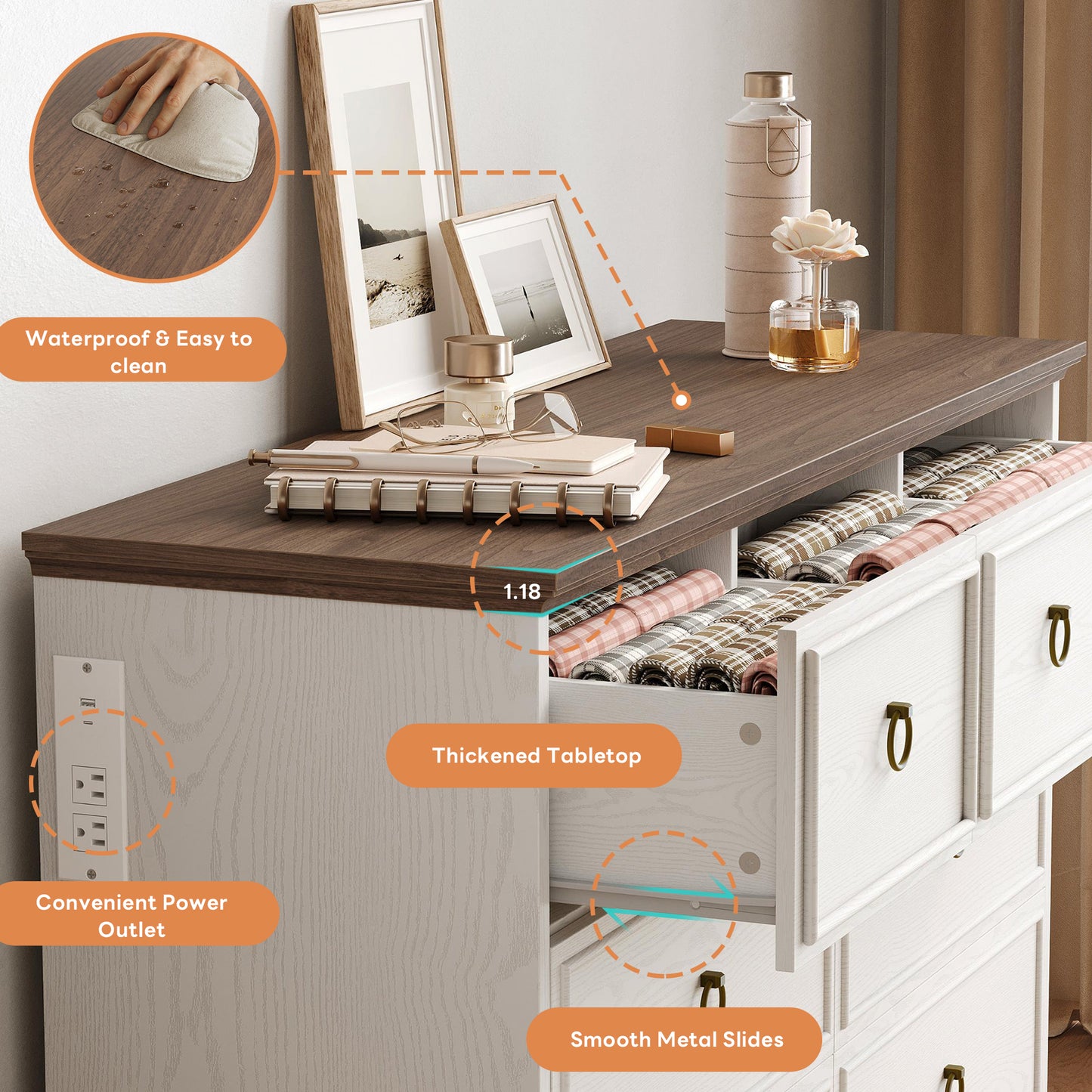 Modern 7 Drawer Dresser with Power Outlets