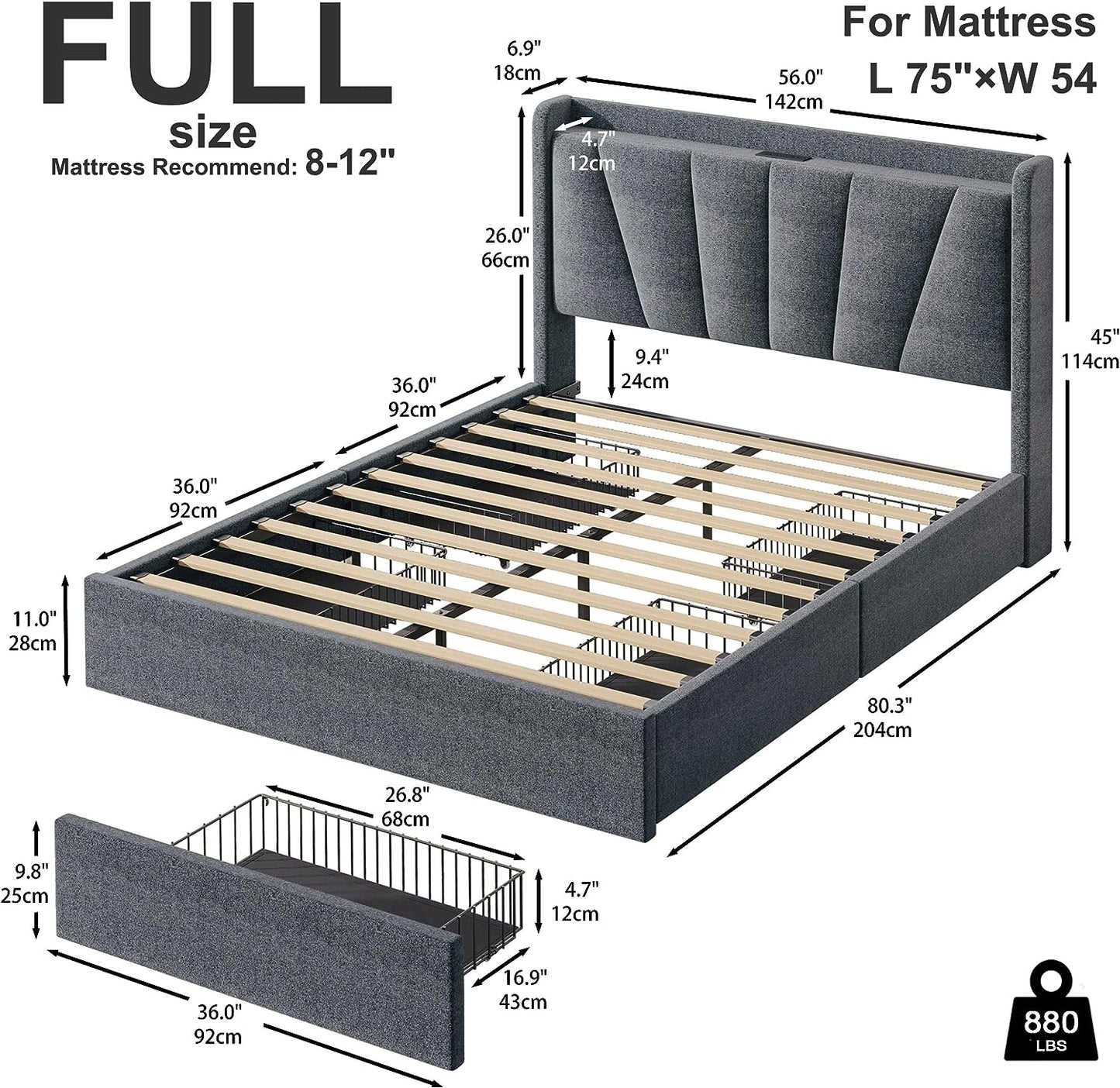 4 Drawers Upholstered Headboard Bed