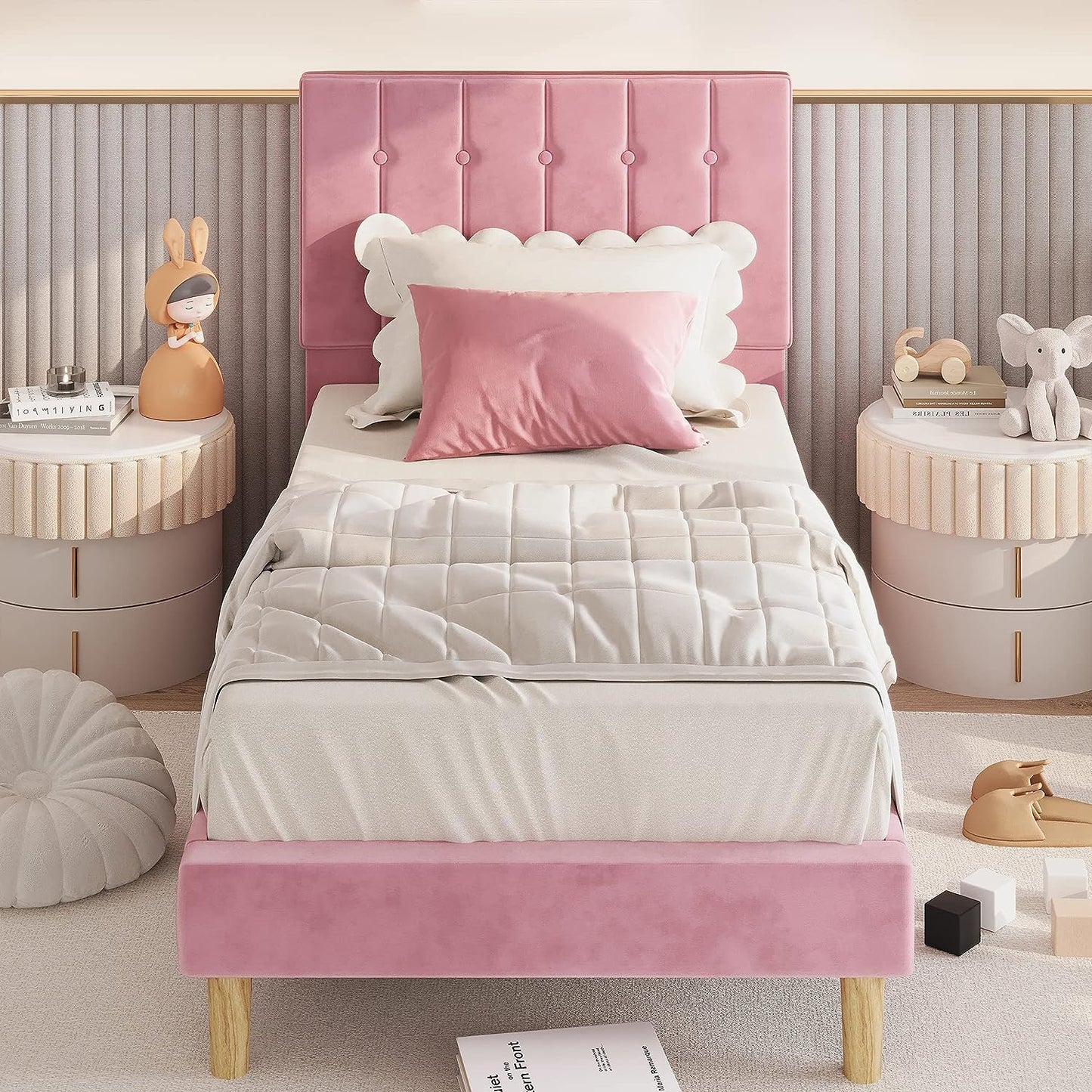 LIKIMIO Velvet Upholstered Platform Twin Beds Pink