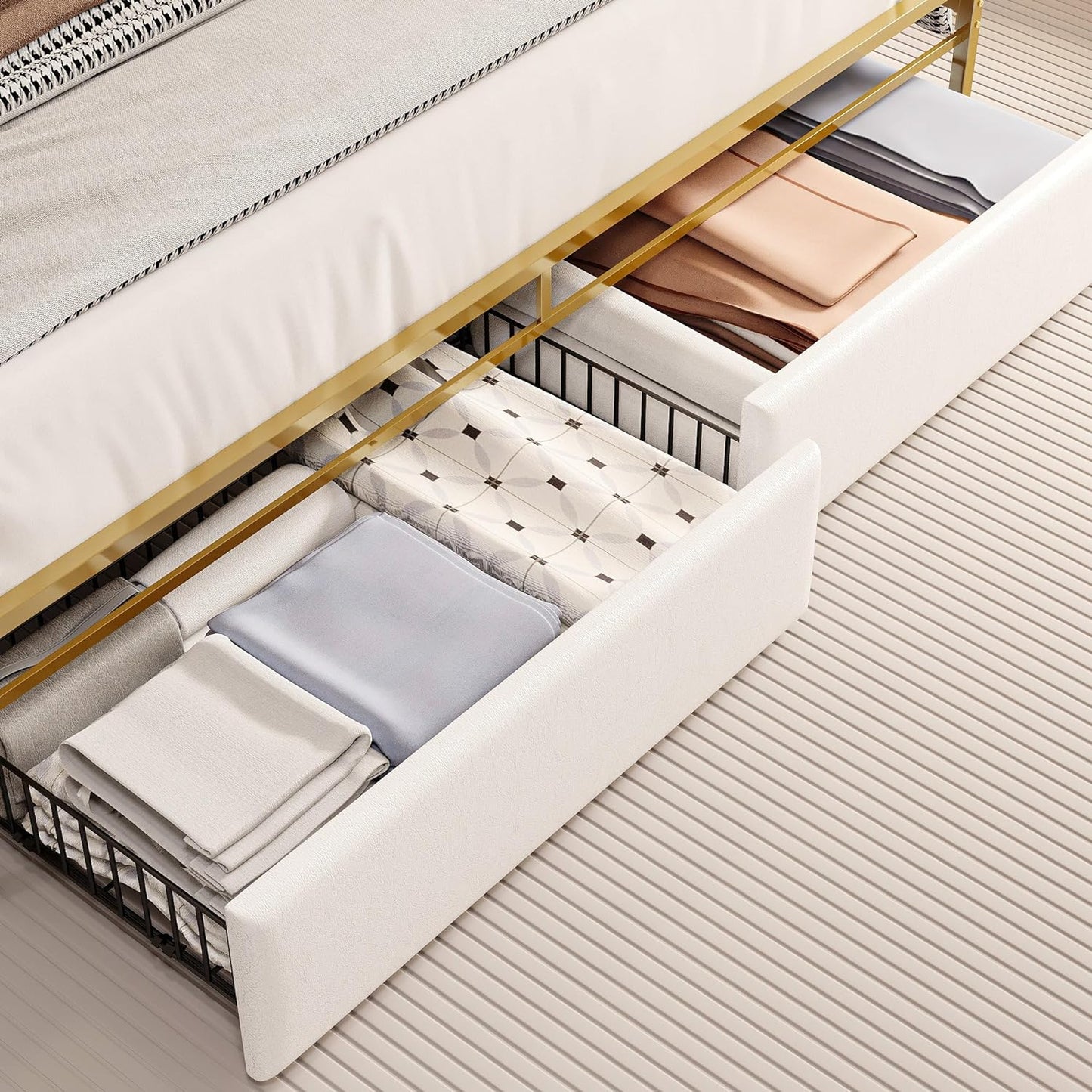 White Modern Upholstered Bed Platform with Drawers