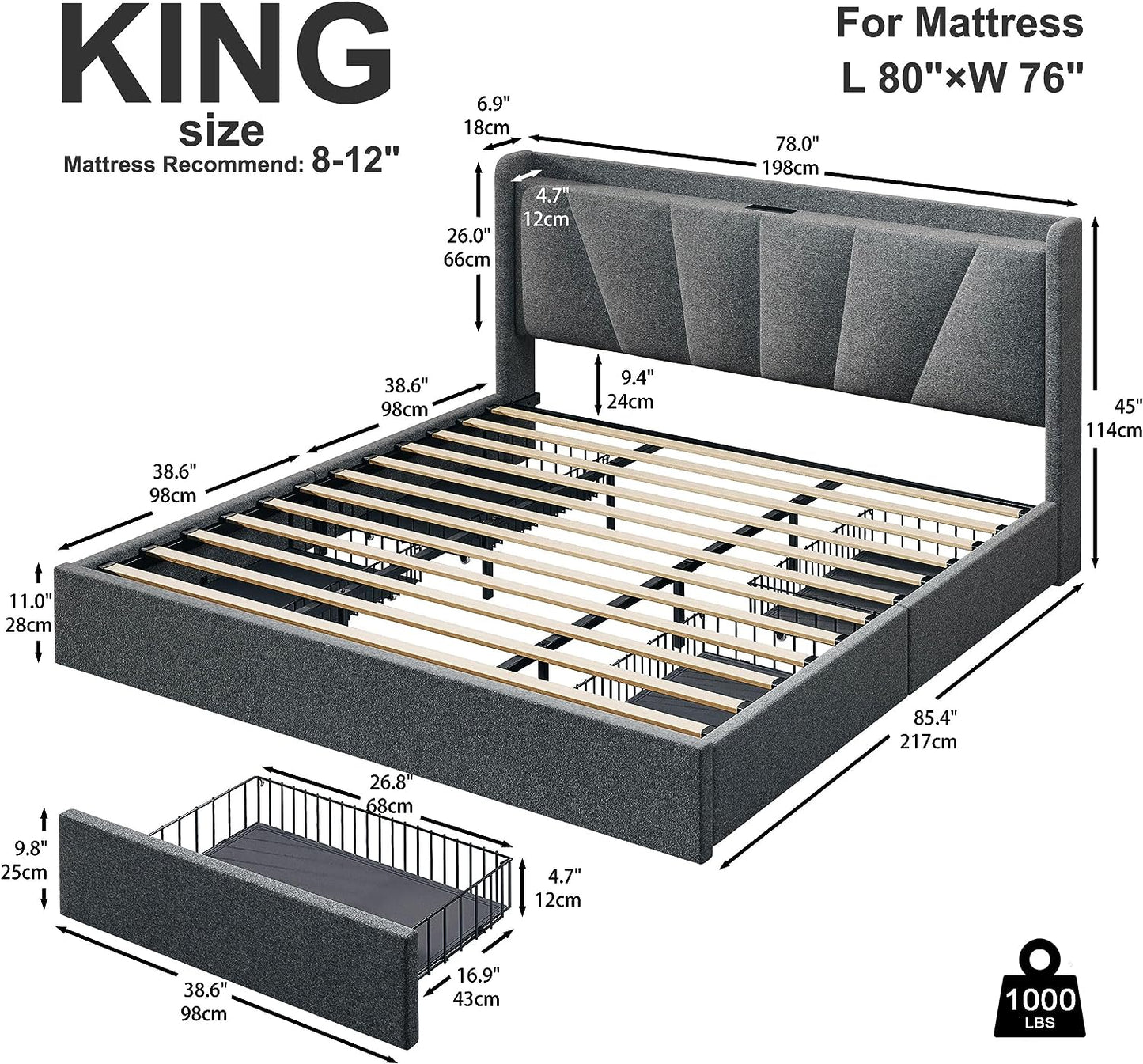 4 Drawers Upholstered Headboard Bed