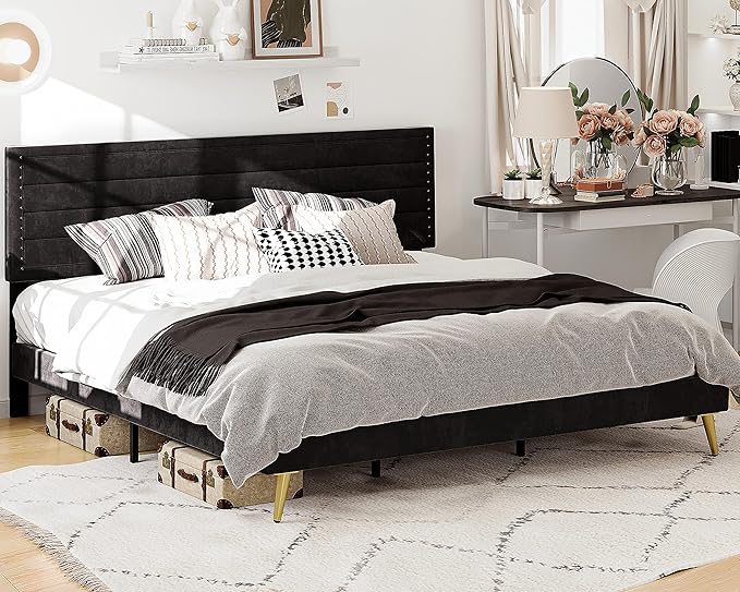 Noise-Free Black Upholstered Platform Bed with Headboard