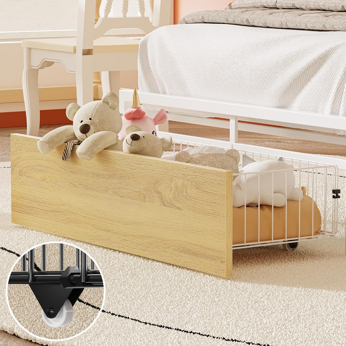 LIKIMIO Bed with Guardrail & Bedside Caddy White