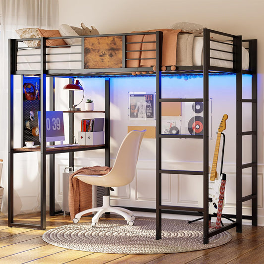 LIKIMIO Loft Bed with Desk, Shelves and LED Lights
