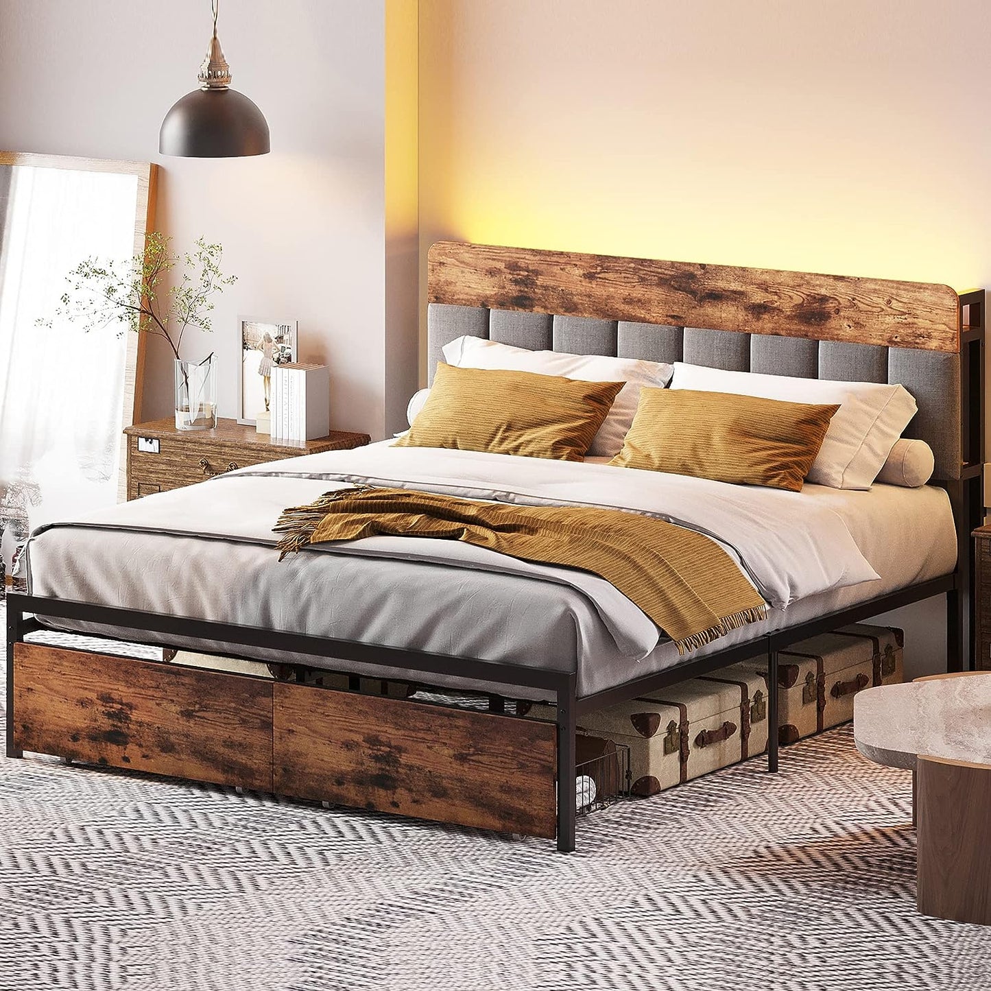 LED Bed Frame with Storage Headboard