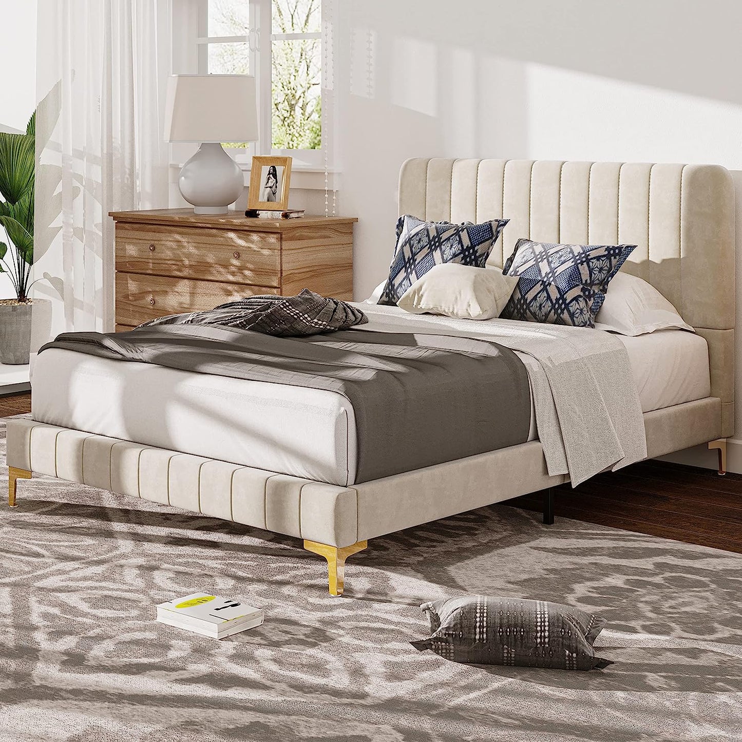 Platform Bed Frame with Upholstered Headboard Beige
