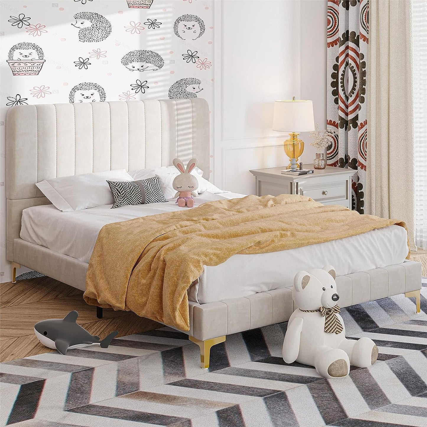 Platform Bed Frame with Upholstered Headboard Beige