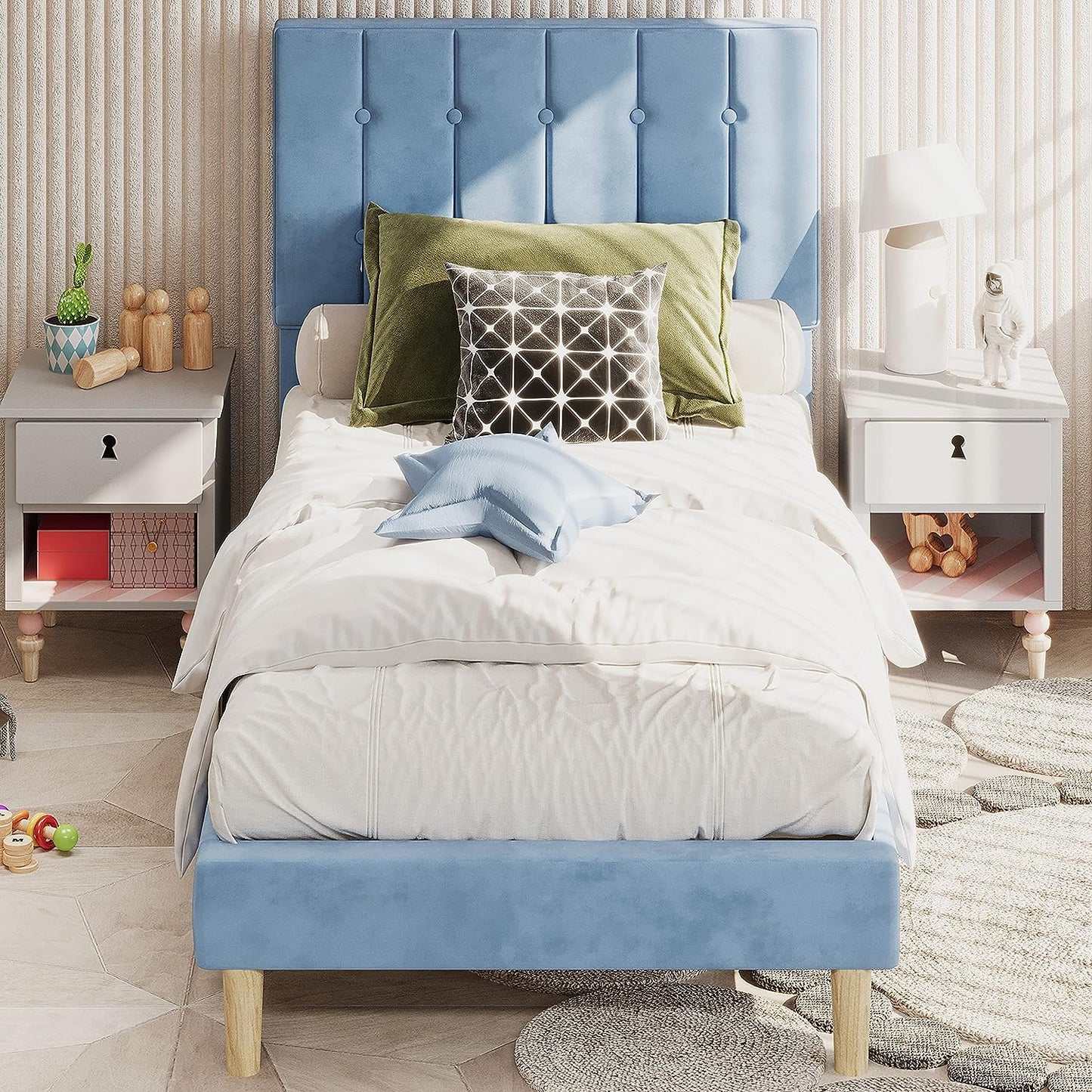LIKIMIO Velvet Upholstered Platform Bed Light Blue