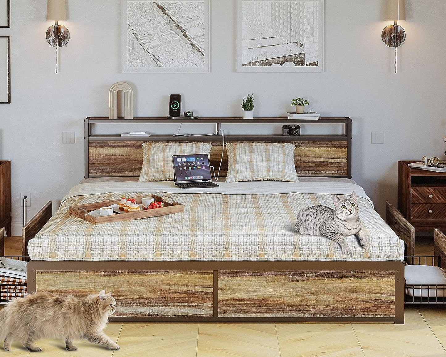 Rustic Brown Bed Frame with 4 Drawers