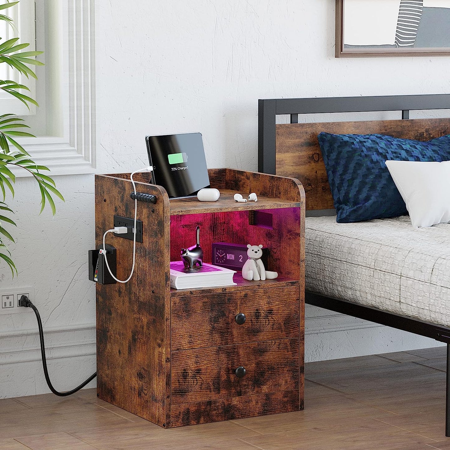 LIKIMIO Rustic Nightstand with LED Lights