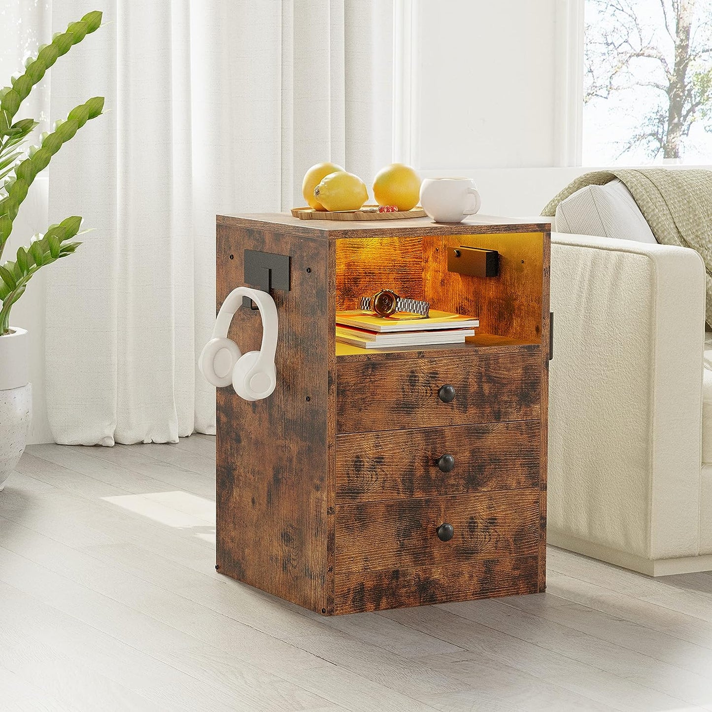 LIKIMIO Large Nightstand with LED Lights Vintage Brown