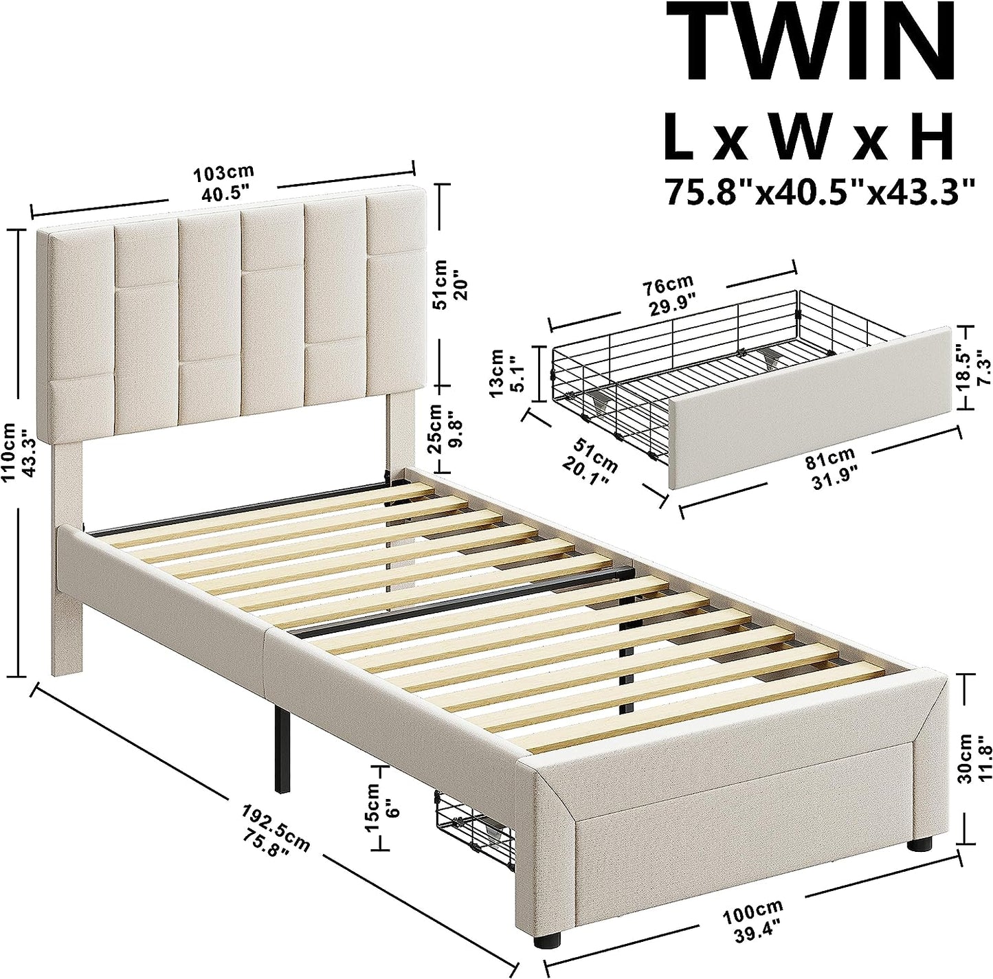 Beige Twin Bed Frame with XL Under-Bed Drawer