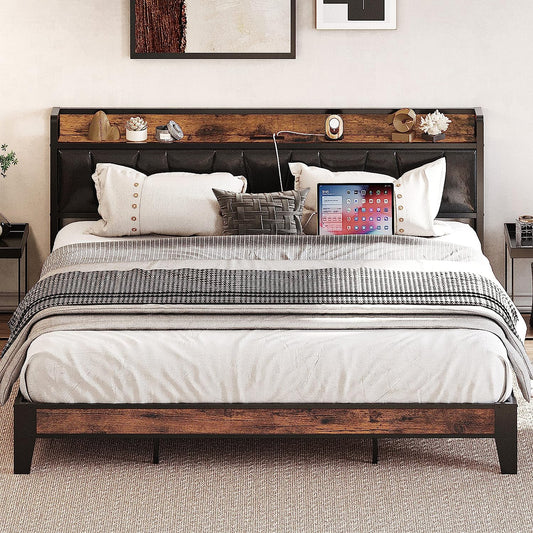 LIKIMIO Storage Headboard Bed Frame with Charging Station Black