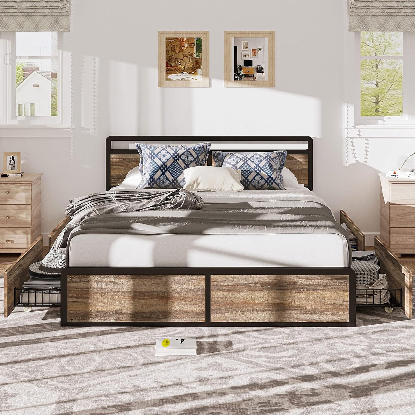 Round Corners Queen Bed Frame with Storage Rustic Brown