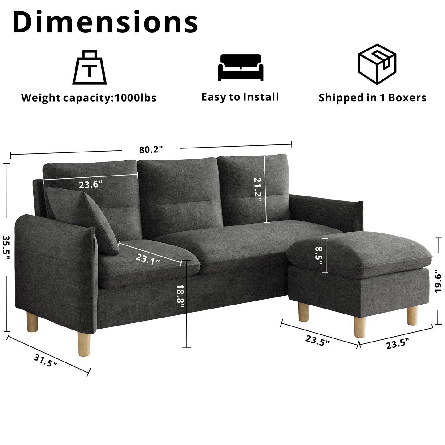 3 Seat L-Shaped Couch with Movable Ottoman