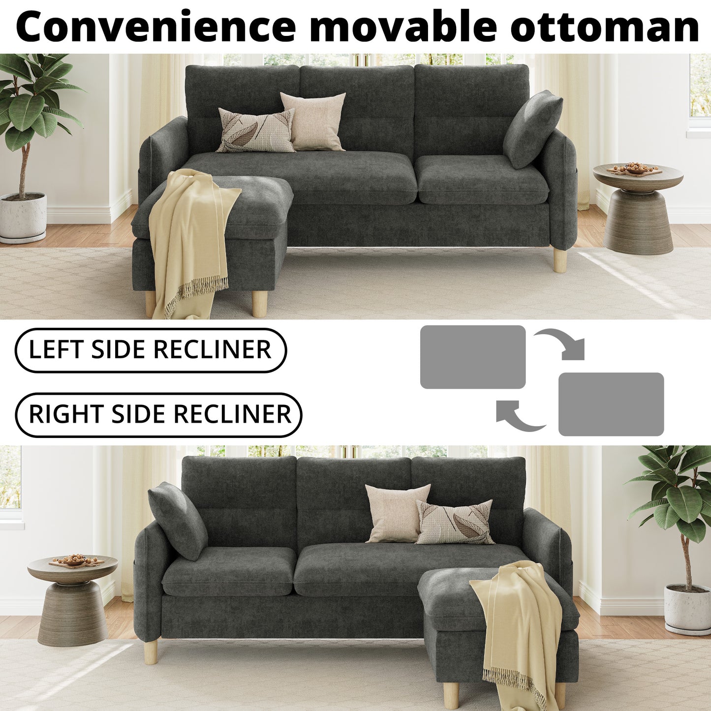 3 Seat L-Shaped Couch with Movable Ottoman