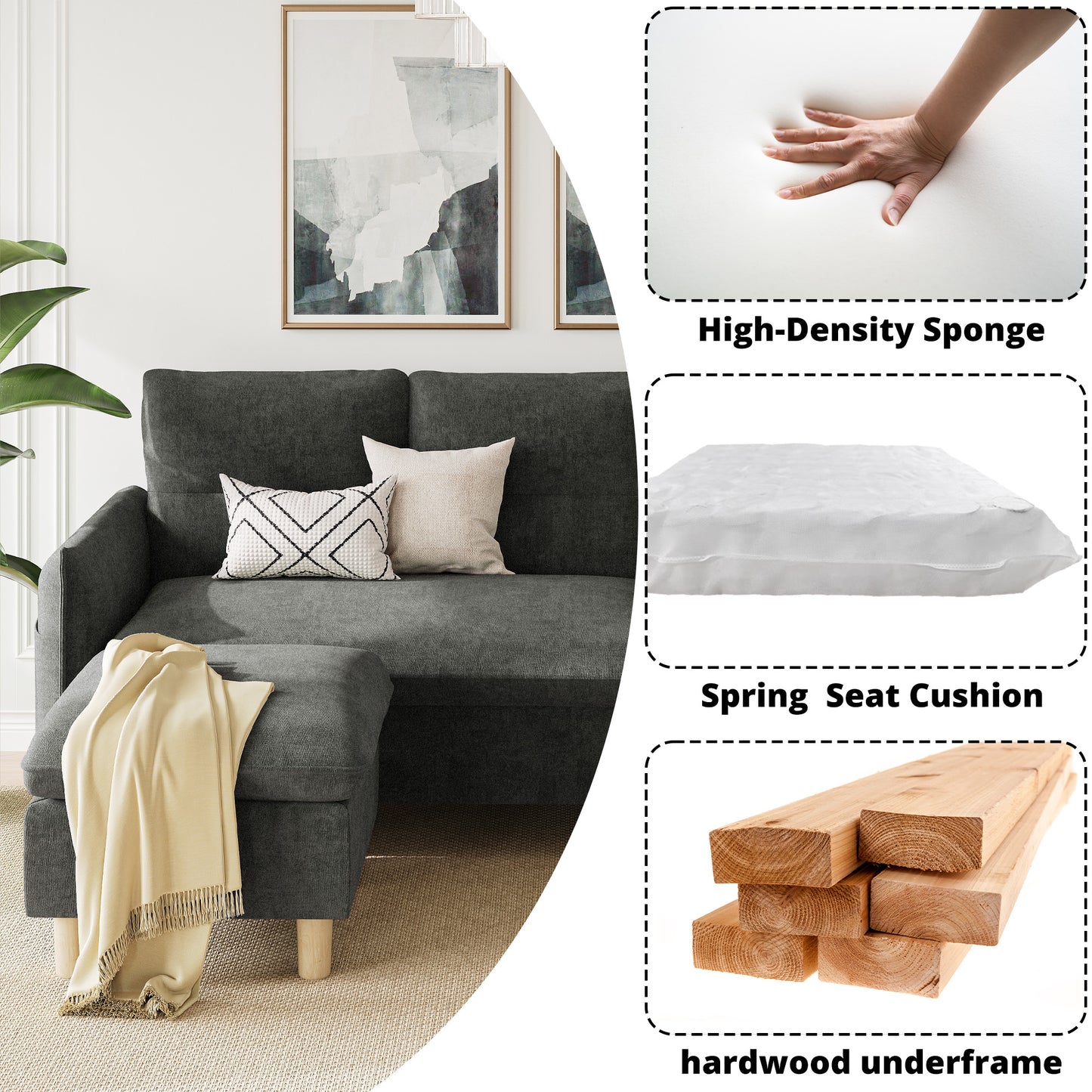 3 Seat L-Shaped Couch with Movable Ottoman