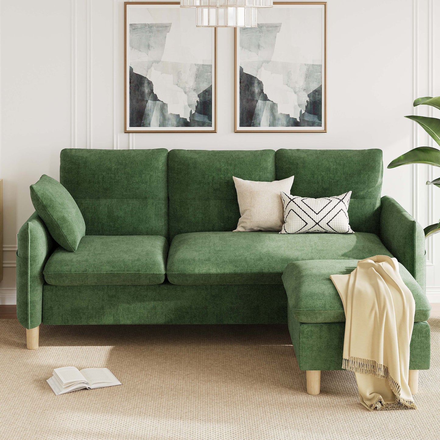 3 Seat L-Shaped Couch with Movable Ottoman