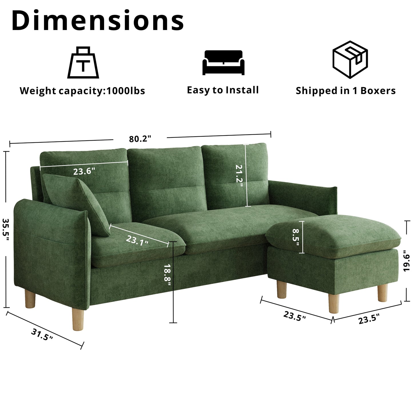 3 Seat L-Shaped Couch with Movable Ottoman