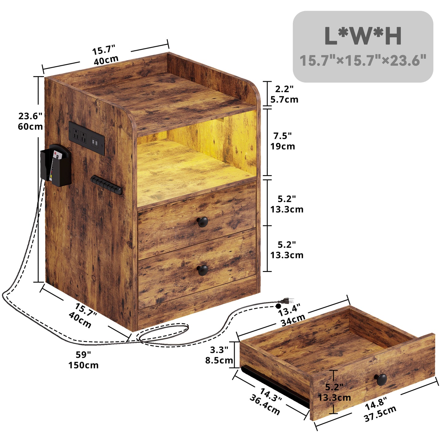 LIKIMIO Rustic Nightstand with LED Lights