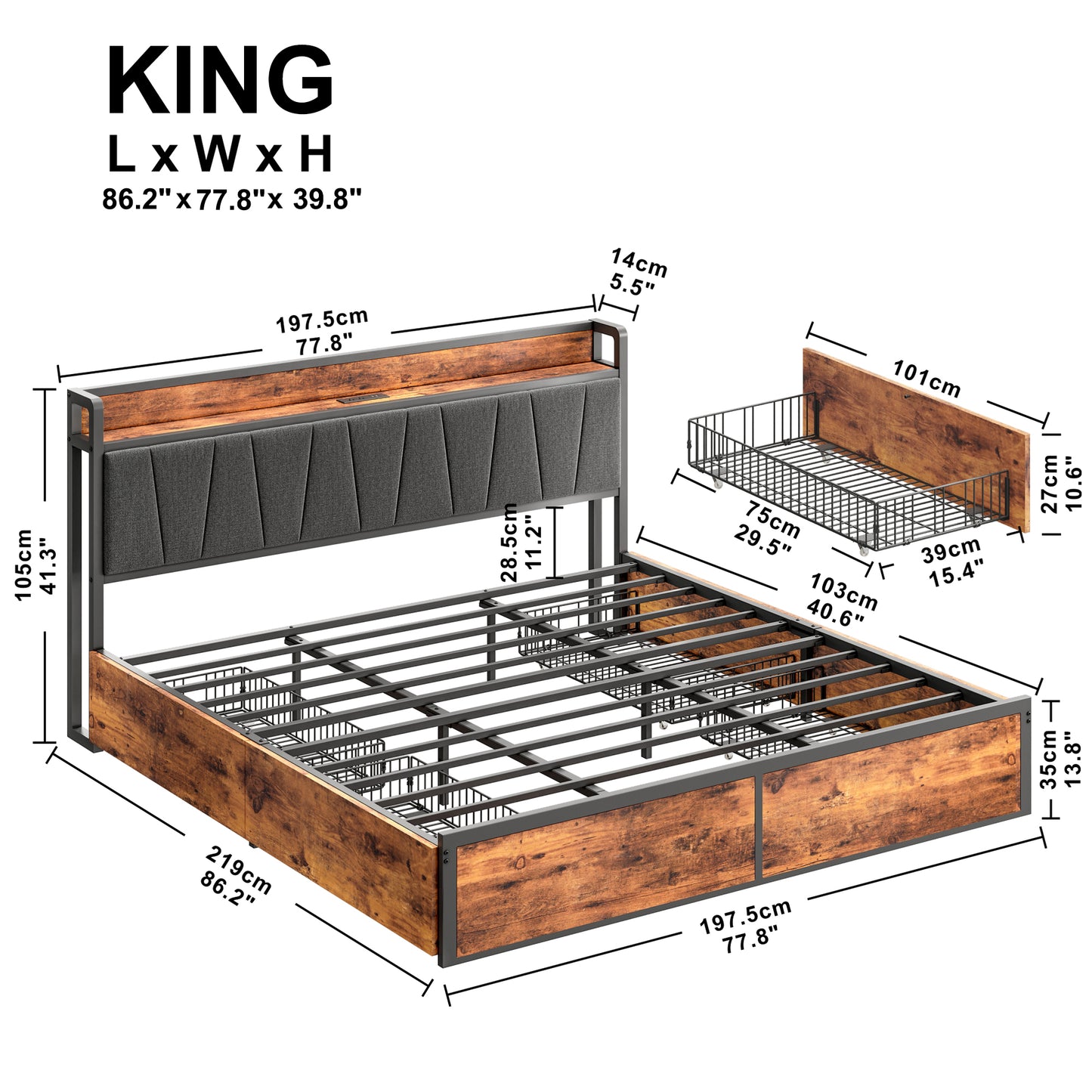 4 Drawers Platform Bed with Charged Headboard