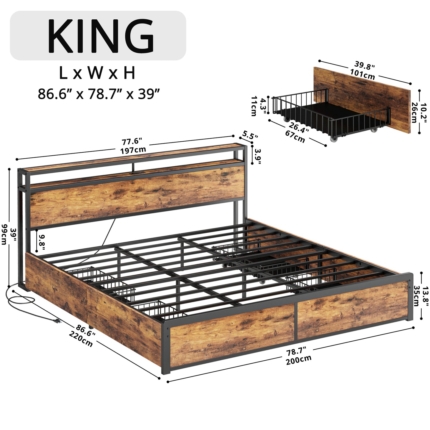 Vintage Brown Bed Frame with 4 Drawers