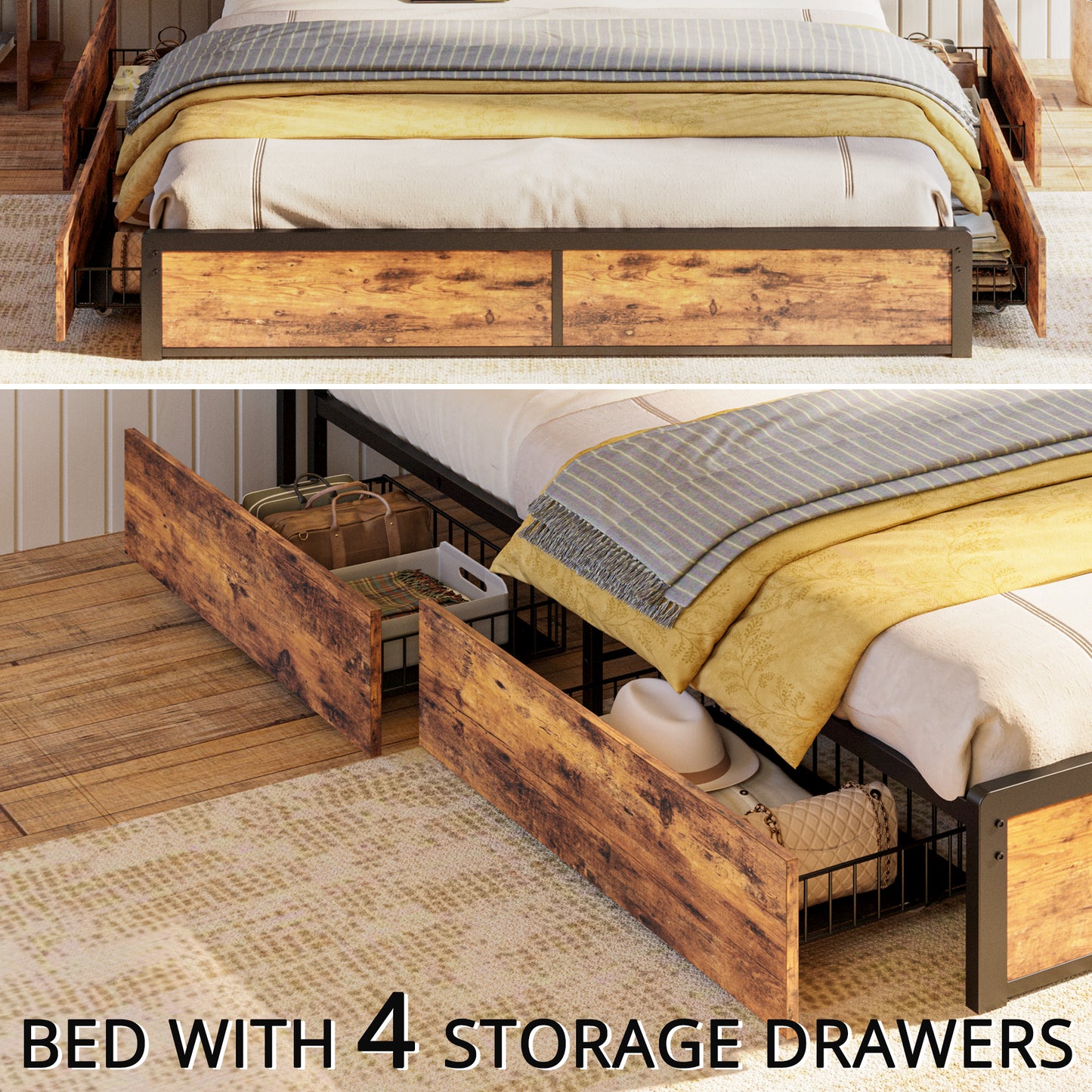 Vintage Brown Bed Frame with 4 Drawers