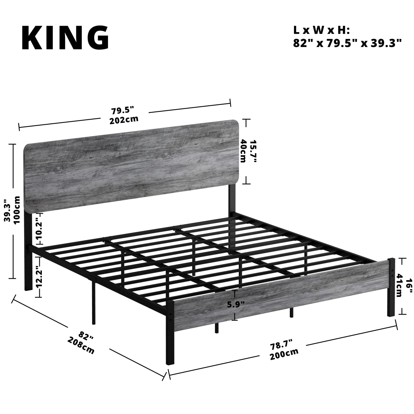 Metal Bed Frame with Headboard Industrial Gray