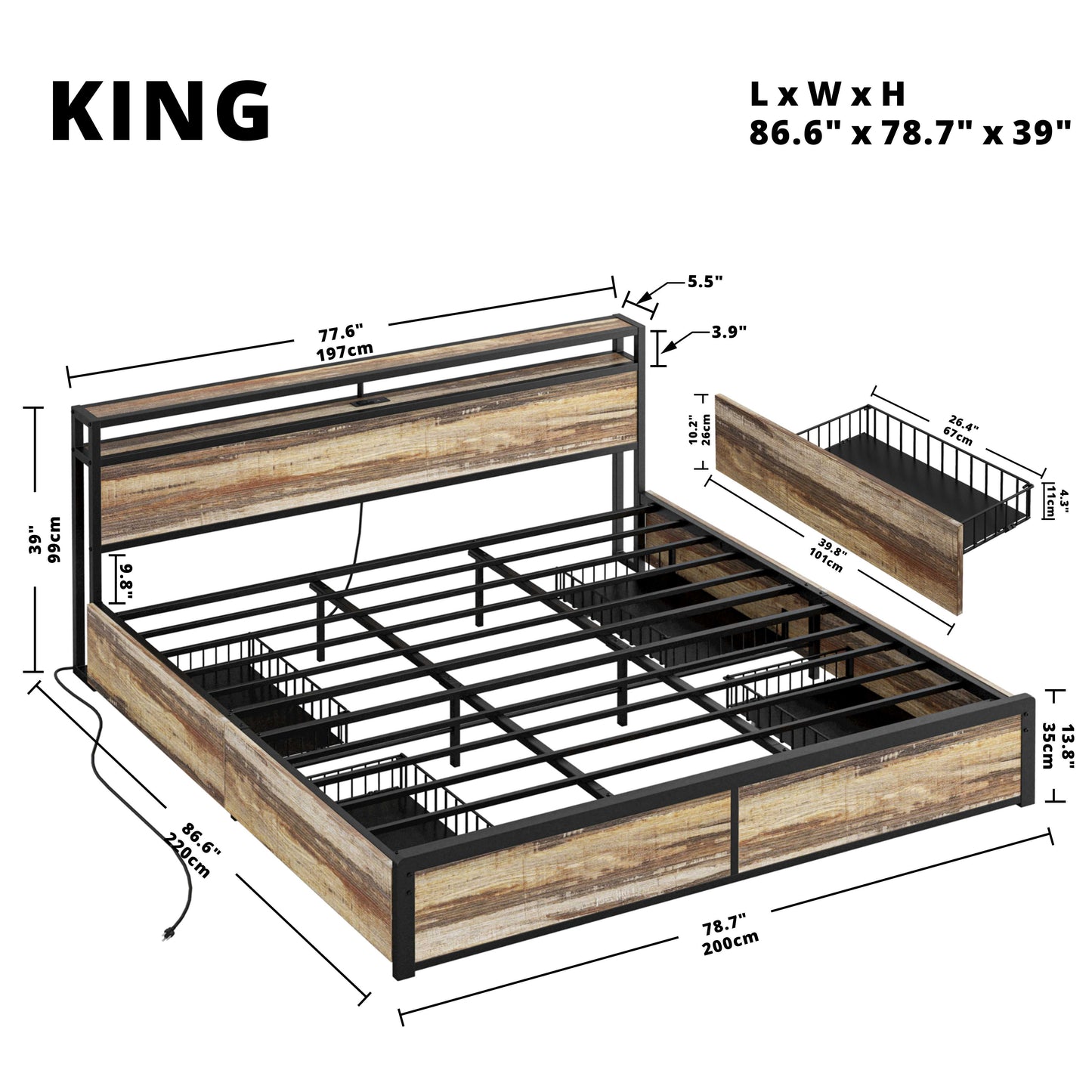 Rustic Brown Bed Frame with 4 Drawers