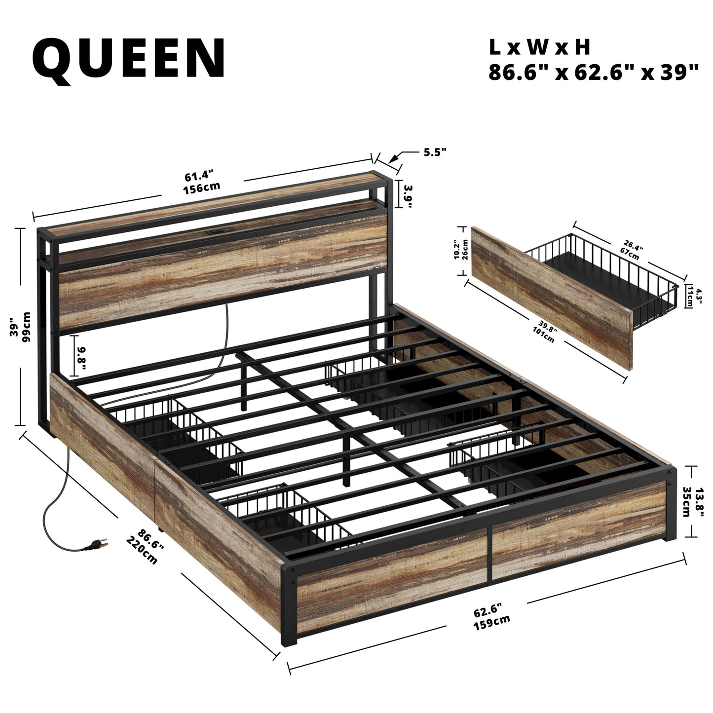 Rustic Brown Bed Frame with 4 Drawers