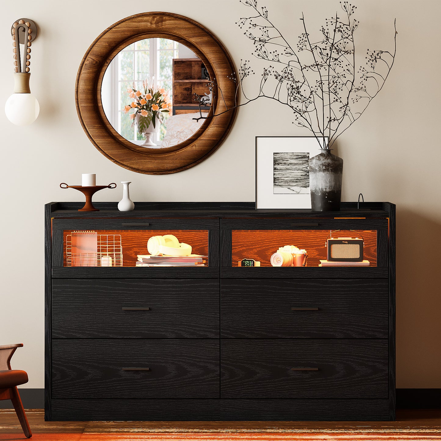 47" LED Dresser with 6 Drawers Black