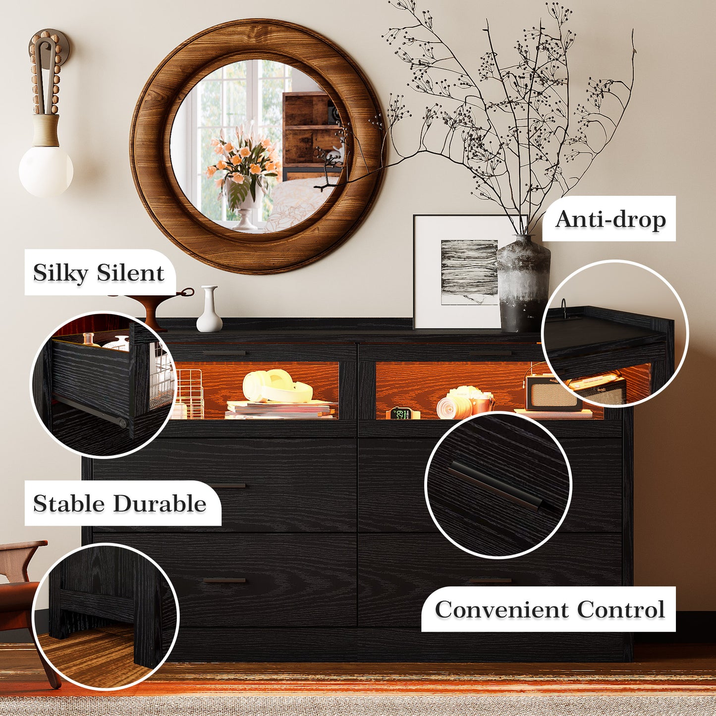 47" LED Dresser with 6 Drawers Black