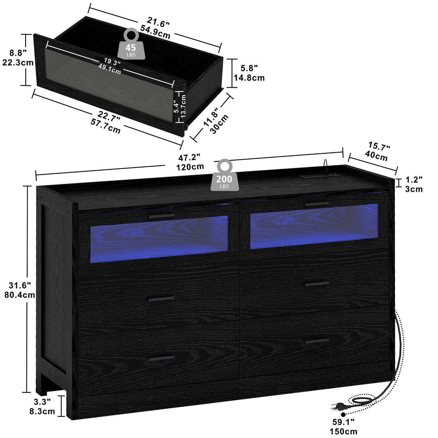47" LED Dresser with 6 Drawers Black