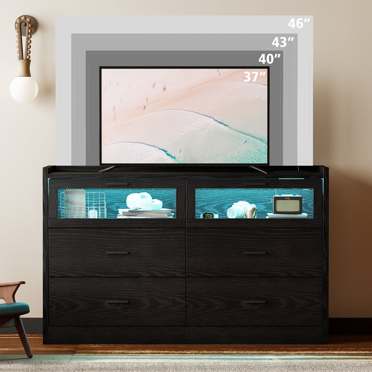 47" LED Dresser with 6 Drawers Black