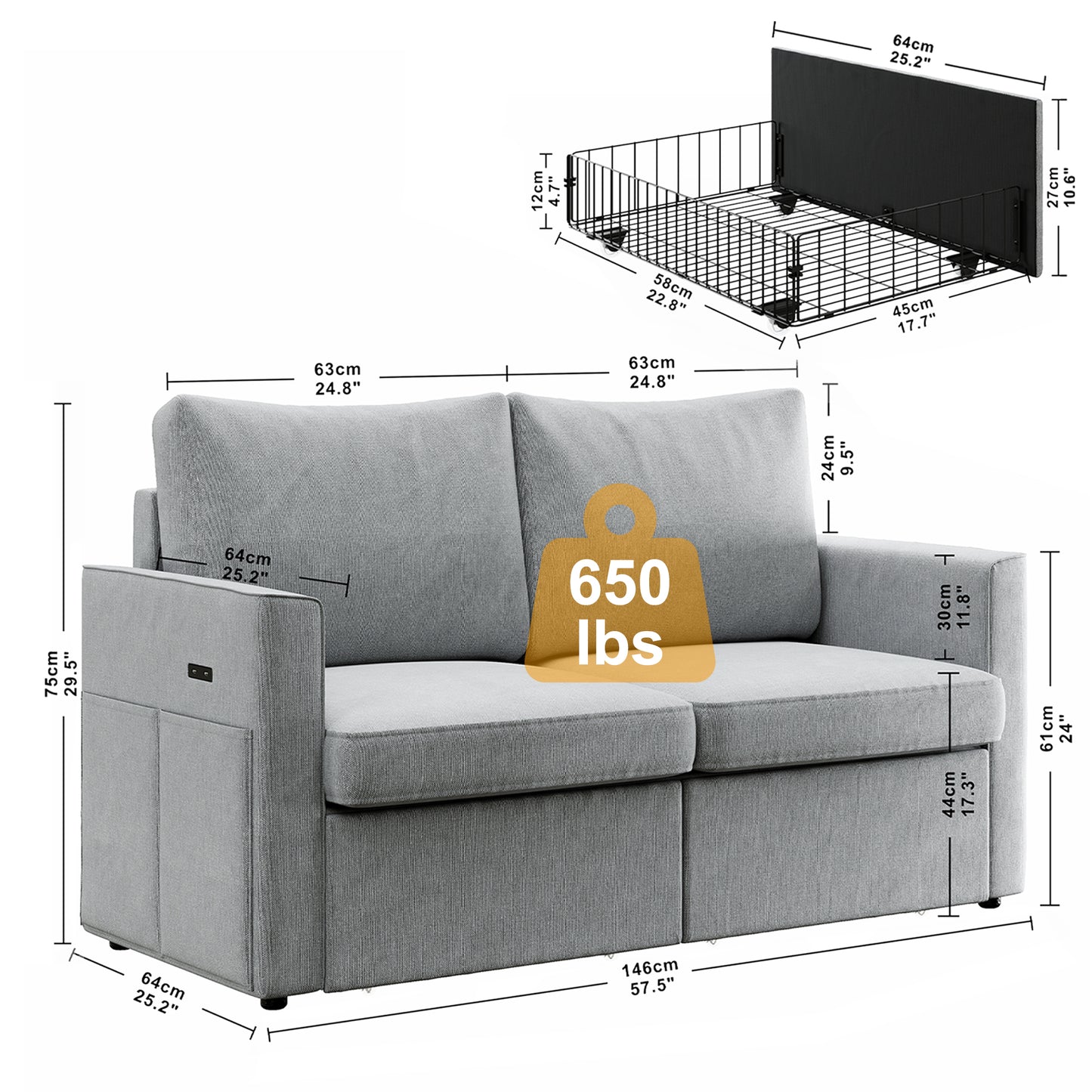 LIKIMIO Loveseat Sofa with Drawer & Charging Port