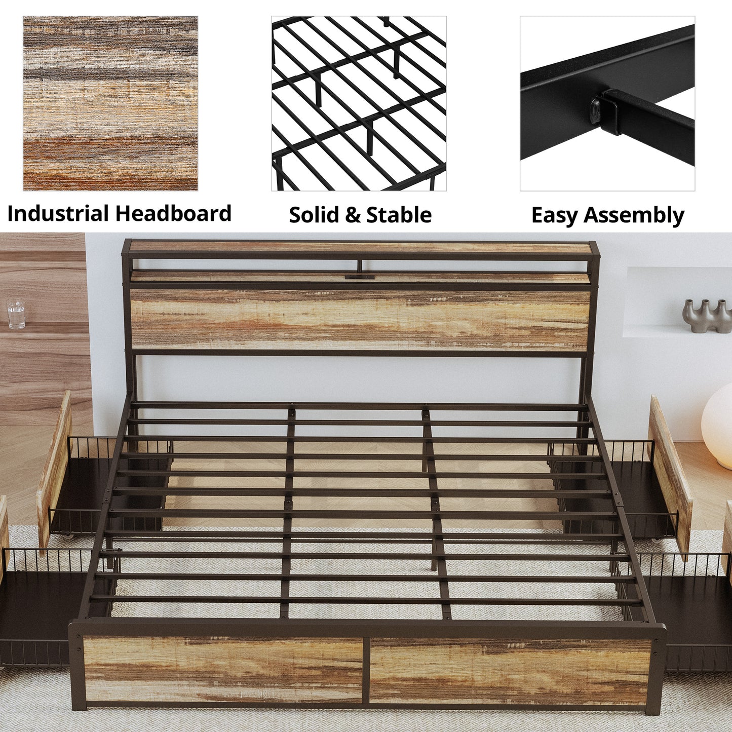 Rustic Brown Bed Frame with 4 Drawers