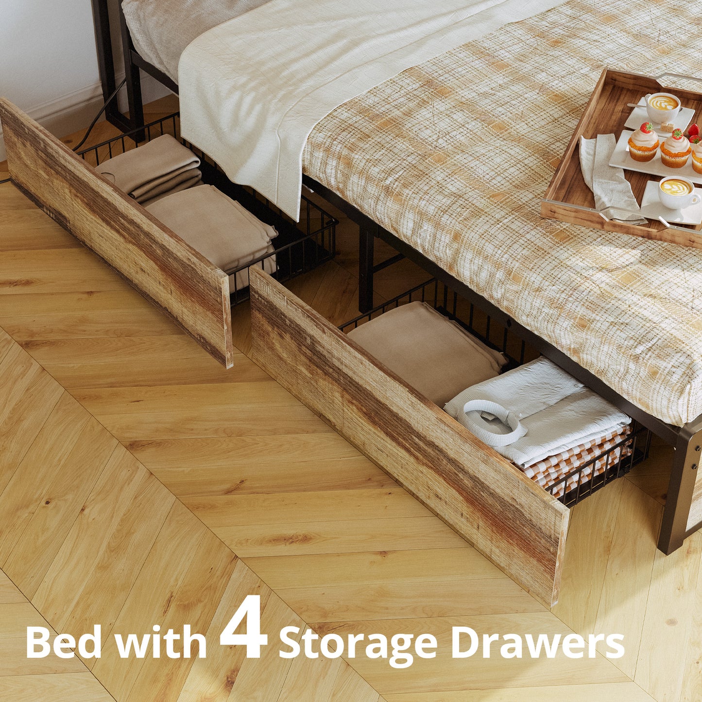 Rustic Brown Bed Frame with 4 Drawers