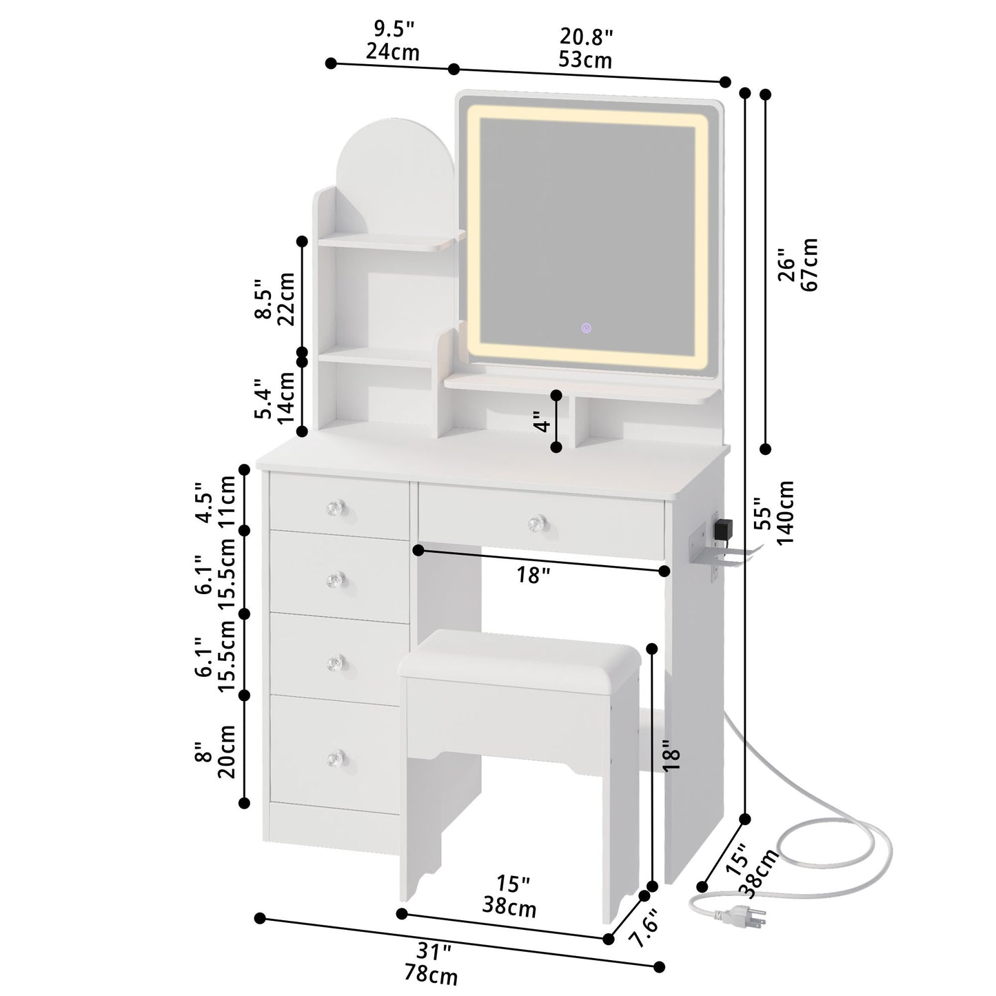 Makeup Table with Drawers & Storage Stool for Bedroom
