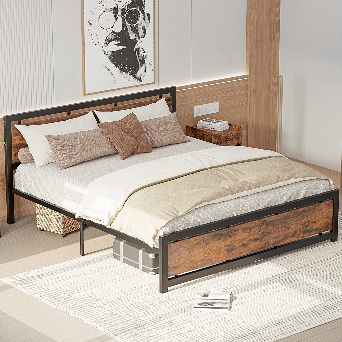LIKIMIO California King Bed Frames Vintage Brown