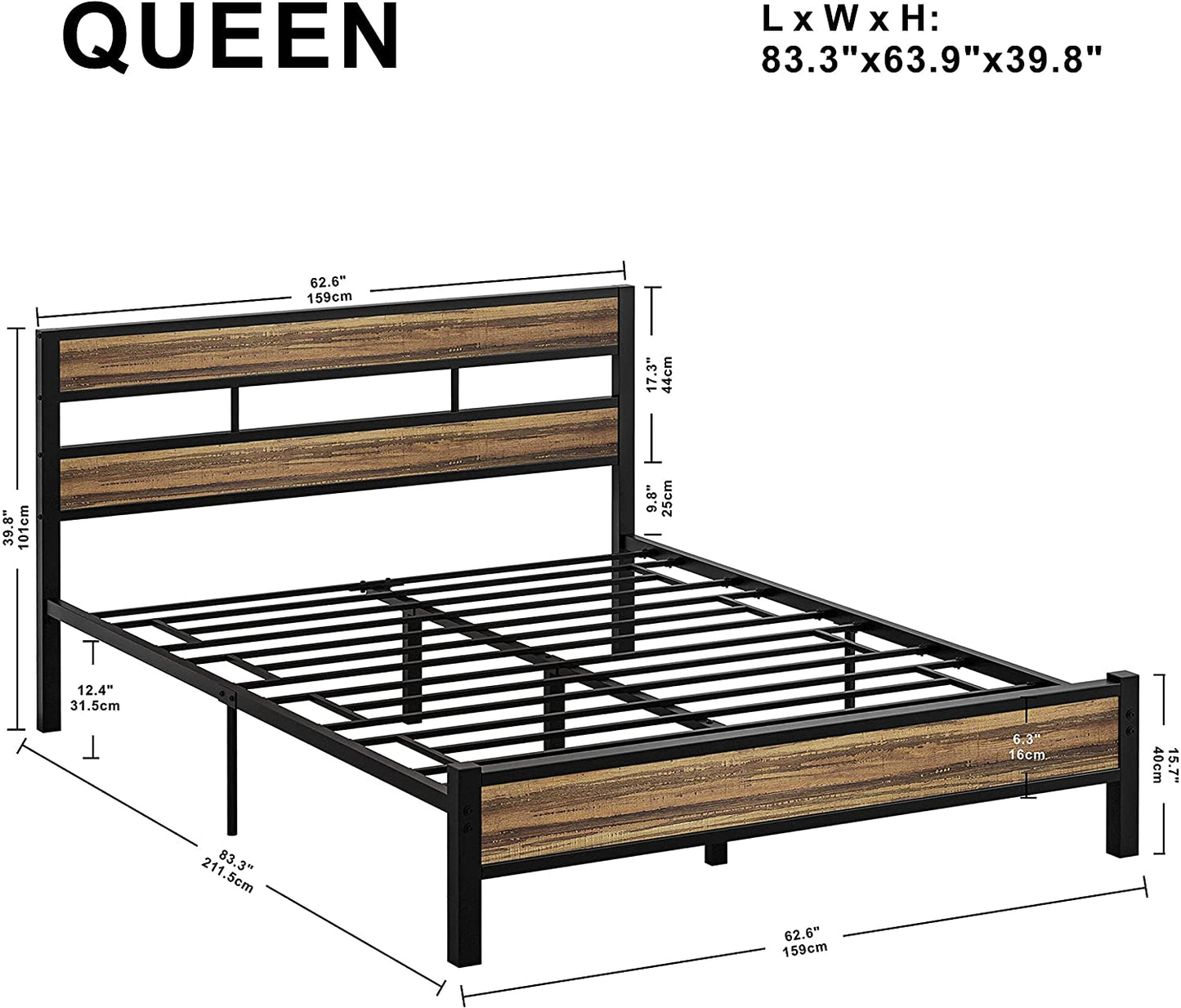 Noise Free Bed Frame with Headboard Rustic Brown