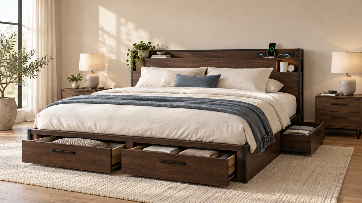 California king storage bed in a refined warm neutral bedroom