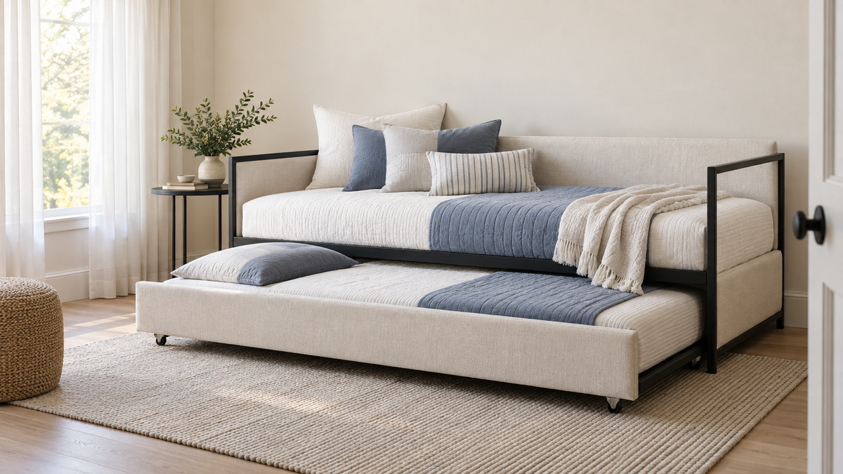 Elegant trundle sofa bed in a space-saving guest room