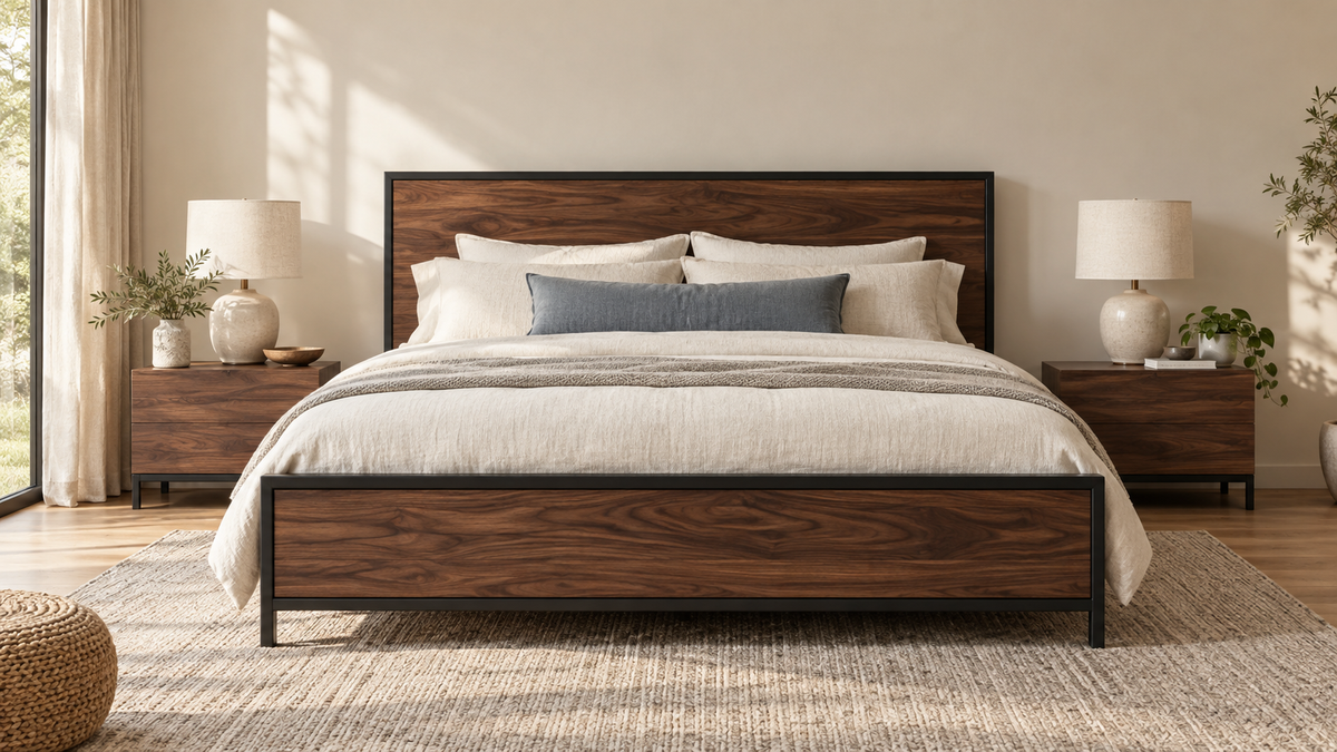 Walnut and black metal bed frame in a timeless bedroom