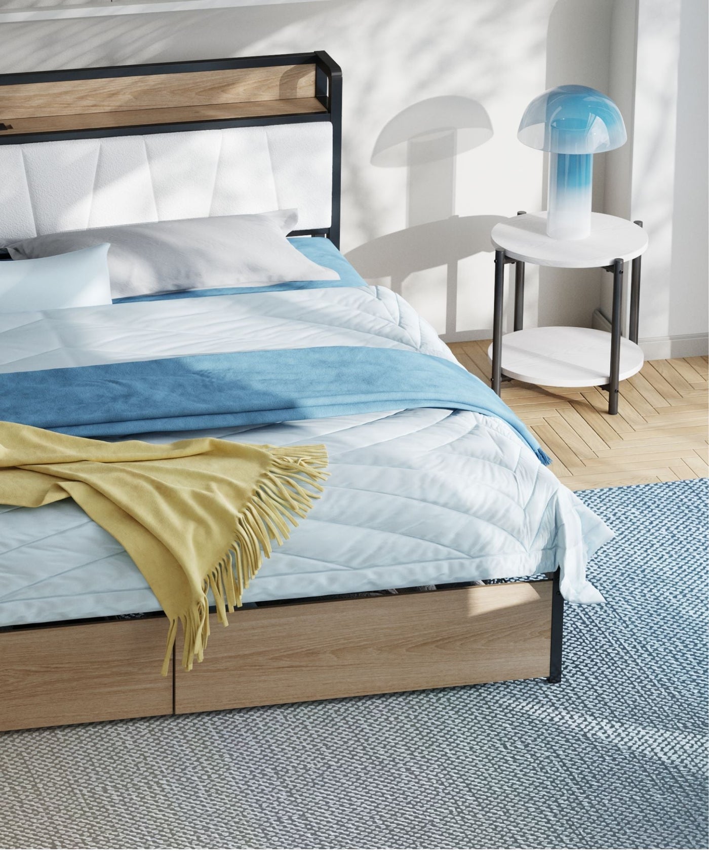 LIKIMIO storage bed in a bright bedroom with blue accents