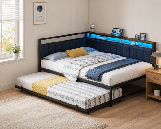 LIKIMIO blue upholstered corner bed with pull-out trundle in a bright bedroom