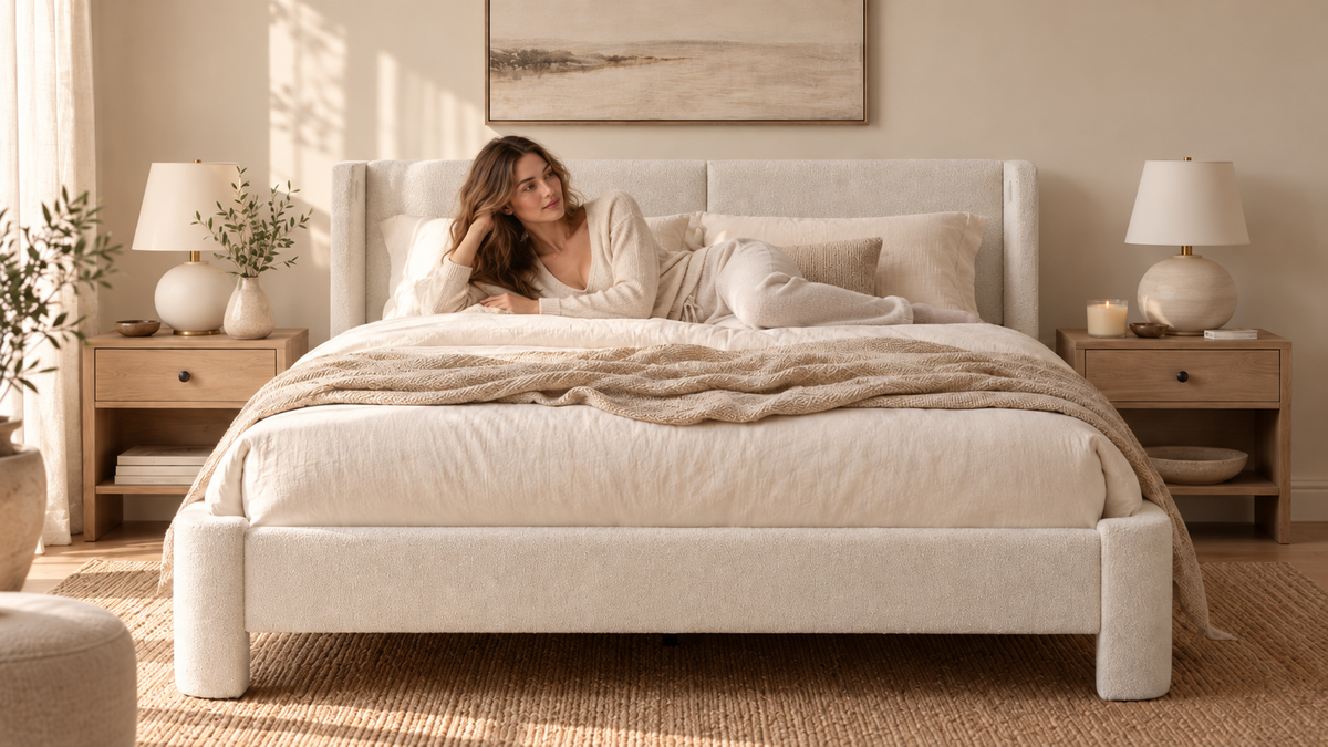 LIKIMIO upholstered bed in a warm modern bedroom