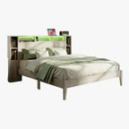 LIKIMIO Queen Size Bed Frame with Storage,  with LED Lights, Light Gray Oak