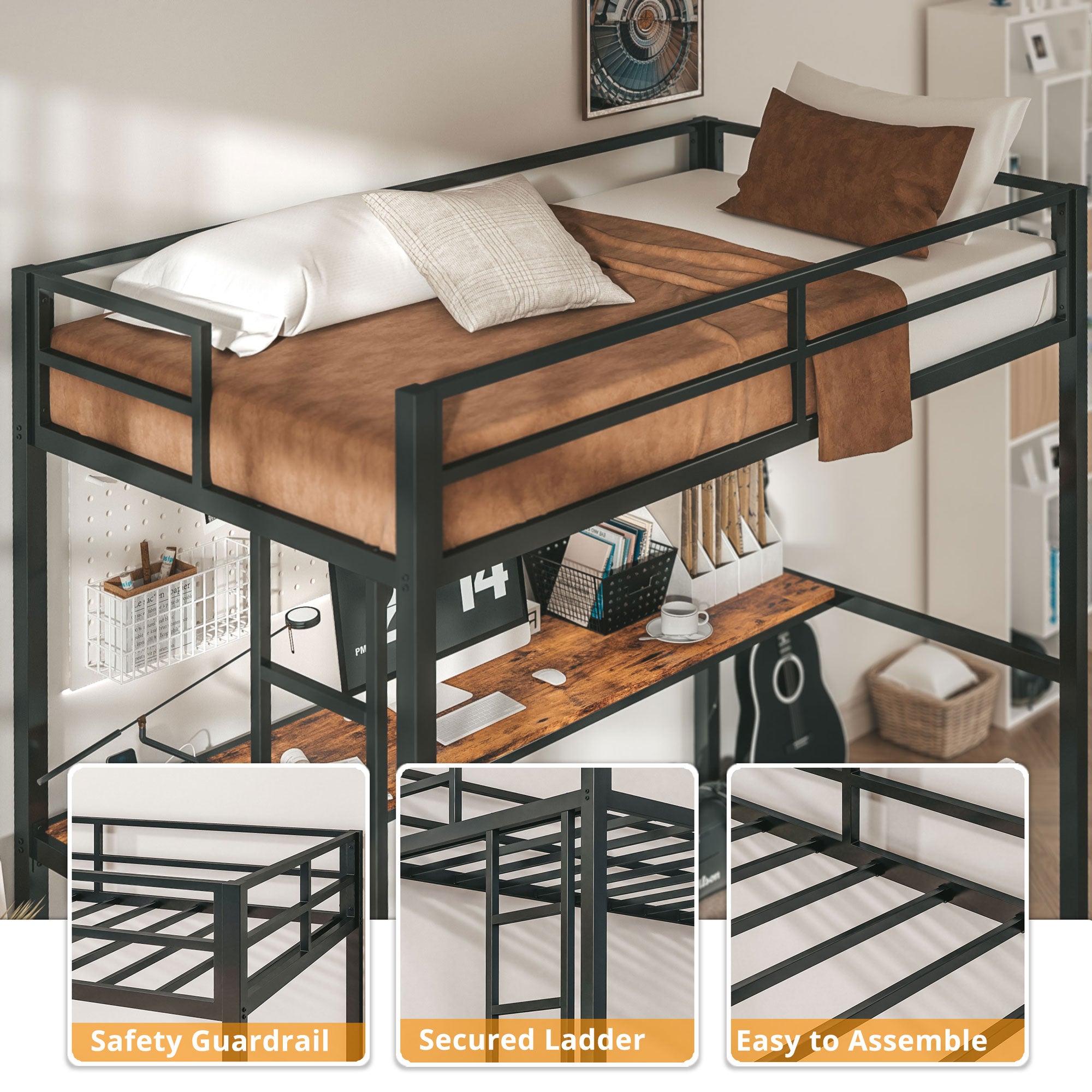 LIKIMIO LED Metal Loft Bed Frame