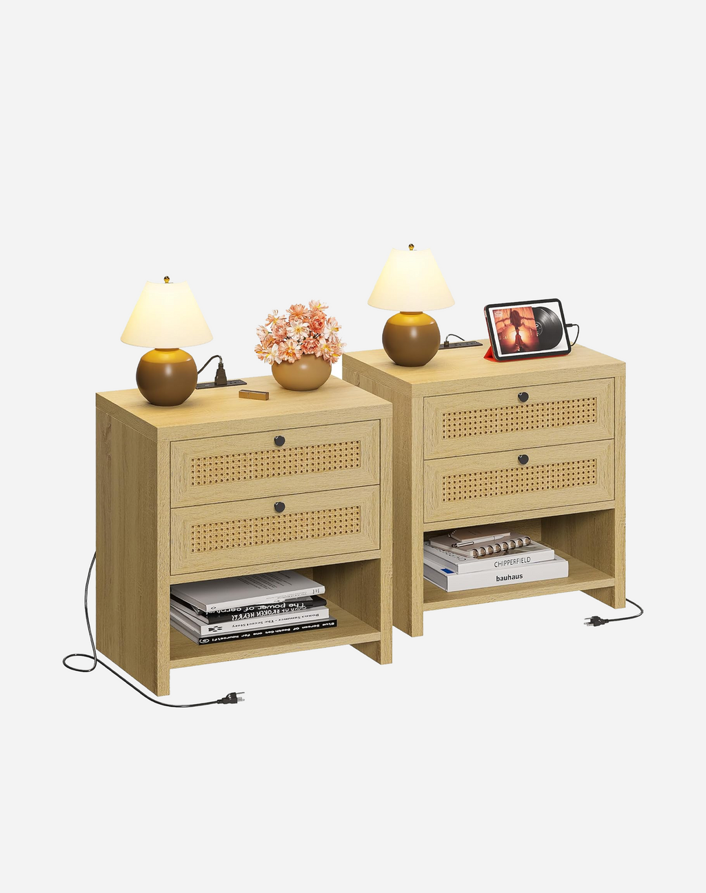 LIKIMIO Rattan Charging Nightstand Set
