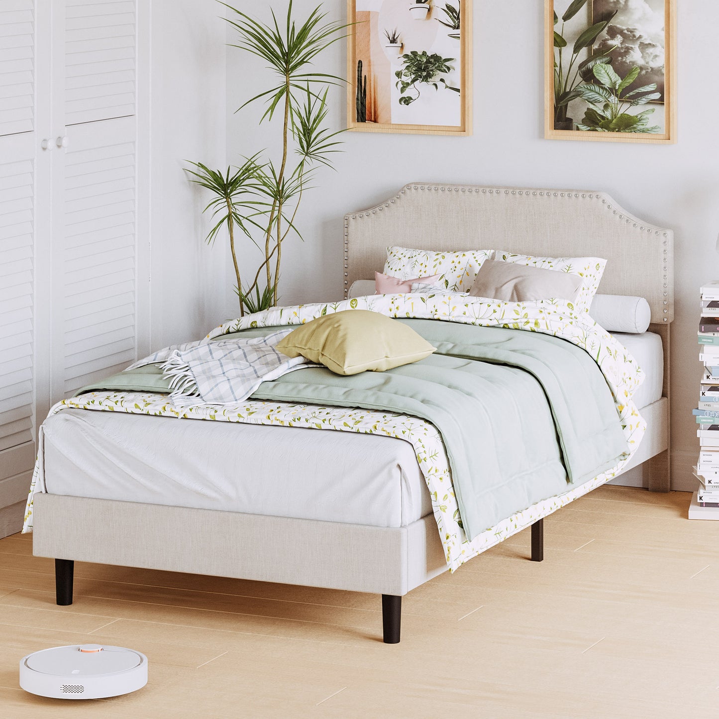 Twin Size Upholstered Platform Bed Frame with Headboard